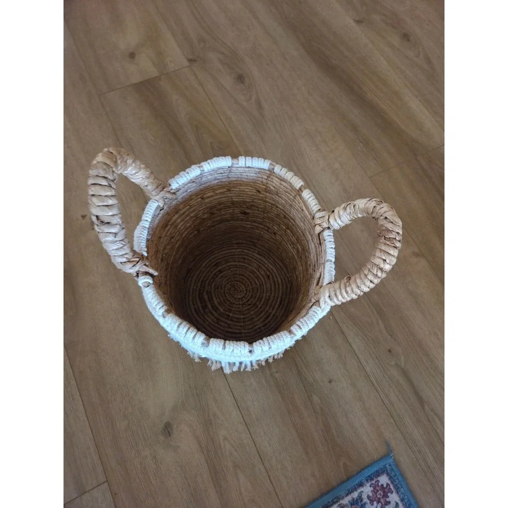 Woven Seagrass Banana Basket‎ Macrame Fringe Boho Handle Storage Decor Accent